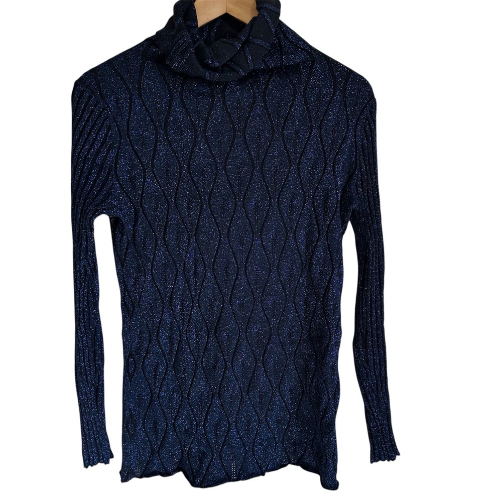 Vintage Sparkling Turtleneck Top Wavy‎ Pattern Long Sleeve Knit Pullover medium